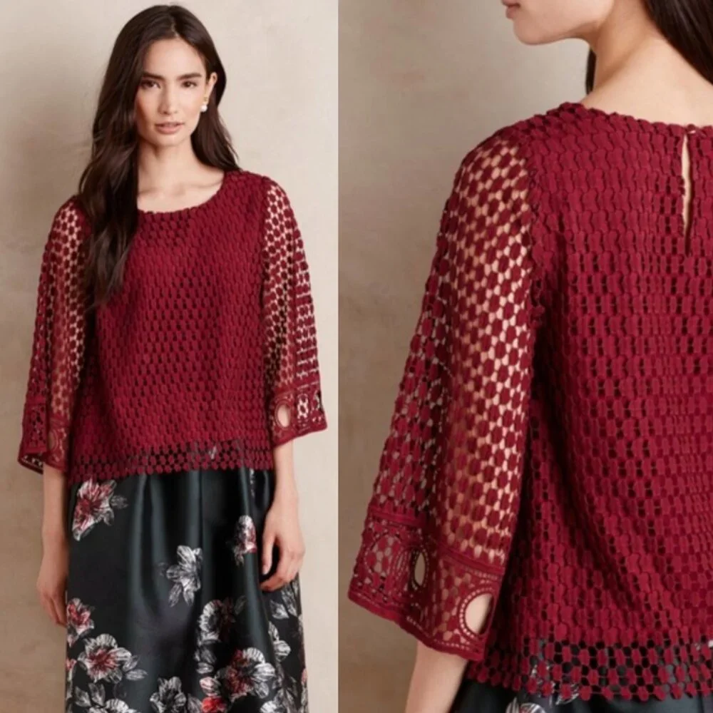 Anthropologie Vanessa Virginia Wine Country Lace Blouse Bell Sleeve size L